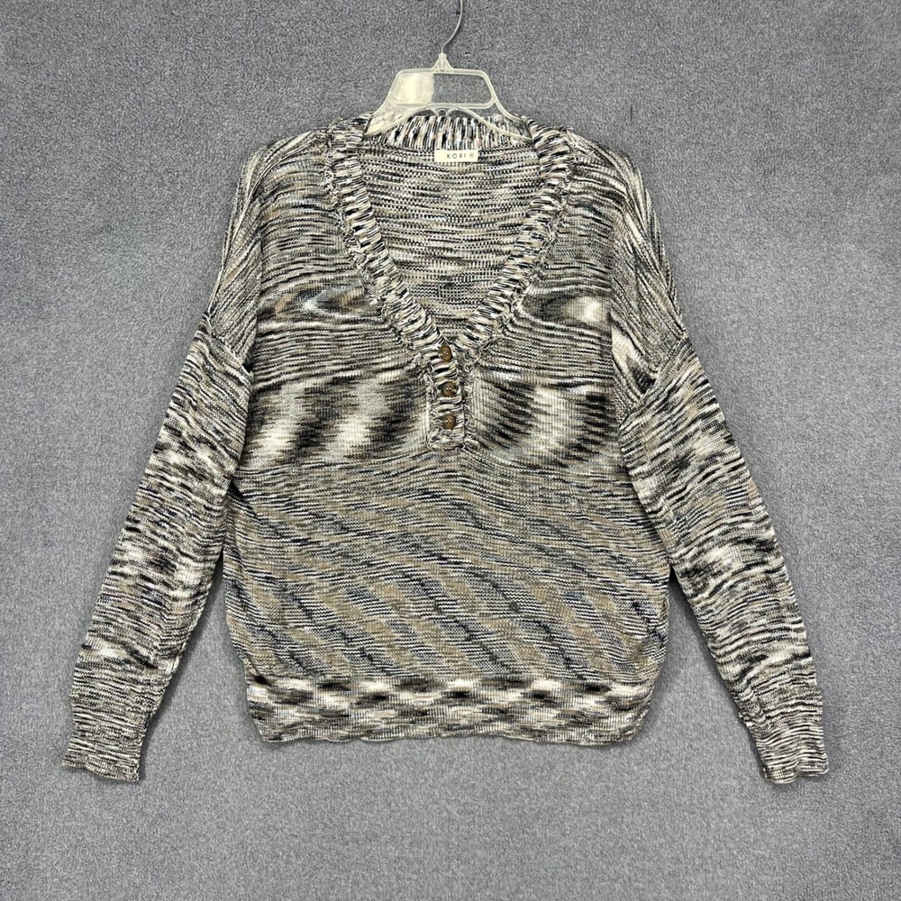 Kori Henley Sweater Women Medium Brown Space Dye V-Neck Frayed Boho Slouchy Knit